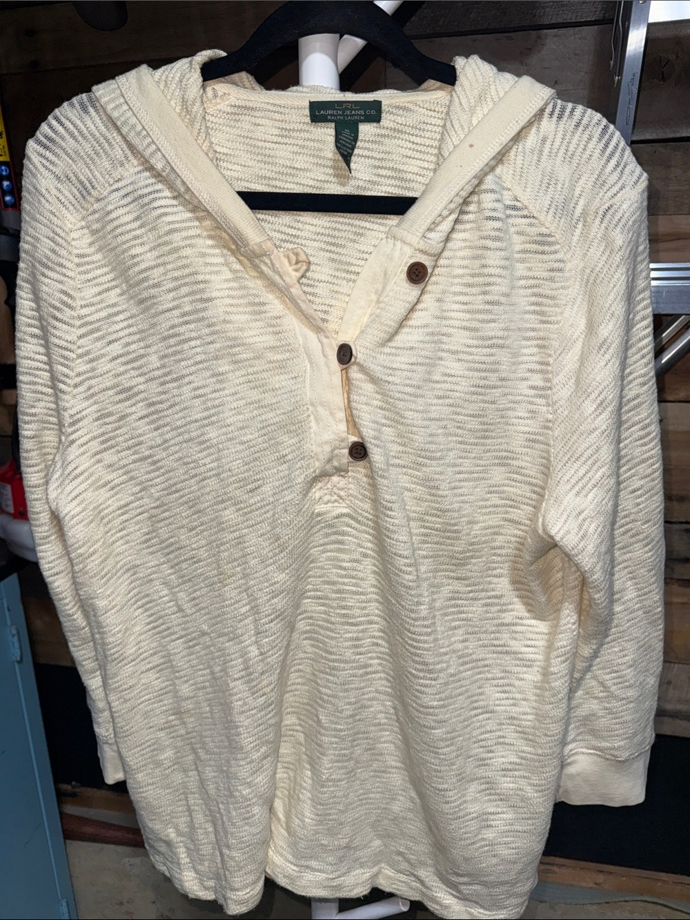 Ralph Lauren Cream Hooded Henley Knit Sweatshirt XL